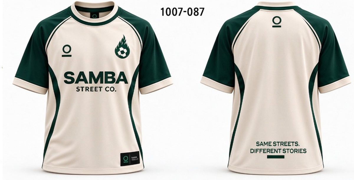 Intentionally blurred preview of the cream and green Samba jersey design