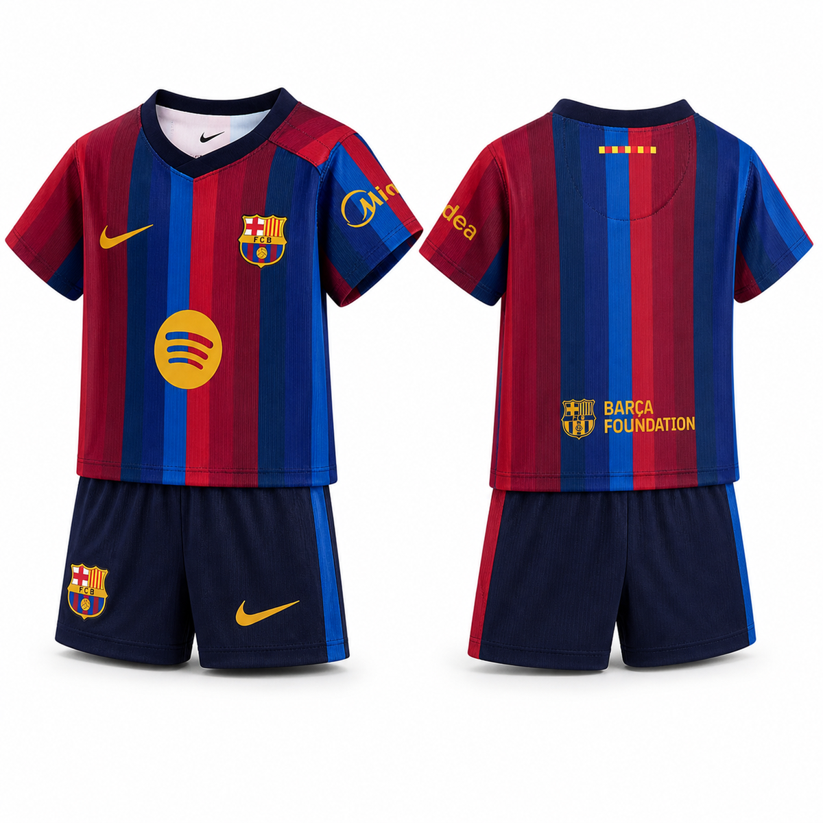 Barcelona FC 2026/27 Kids Home football kit – front and back