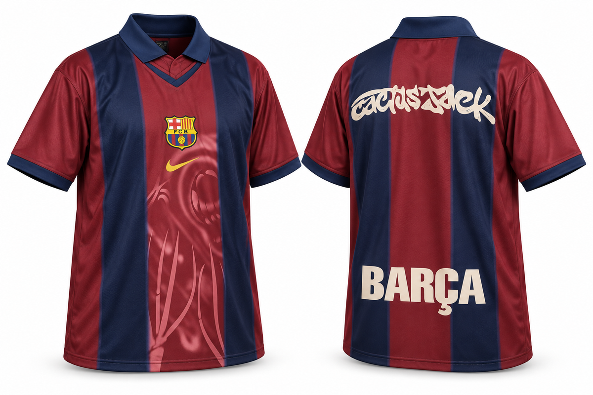Barcelona x Travis Scott football shirt – angled front and back views